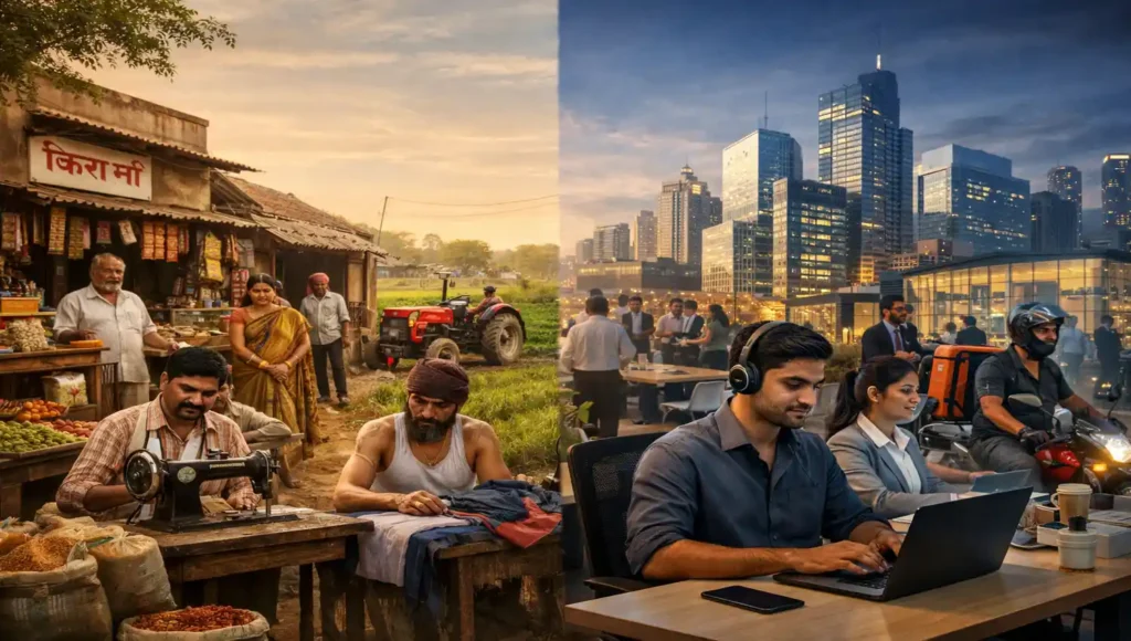 Split image of traditional town jobs versus modern city employment in India. It shows employment patterns in towns and cities. 