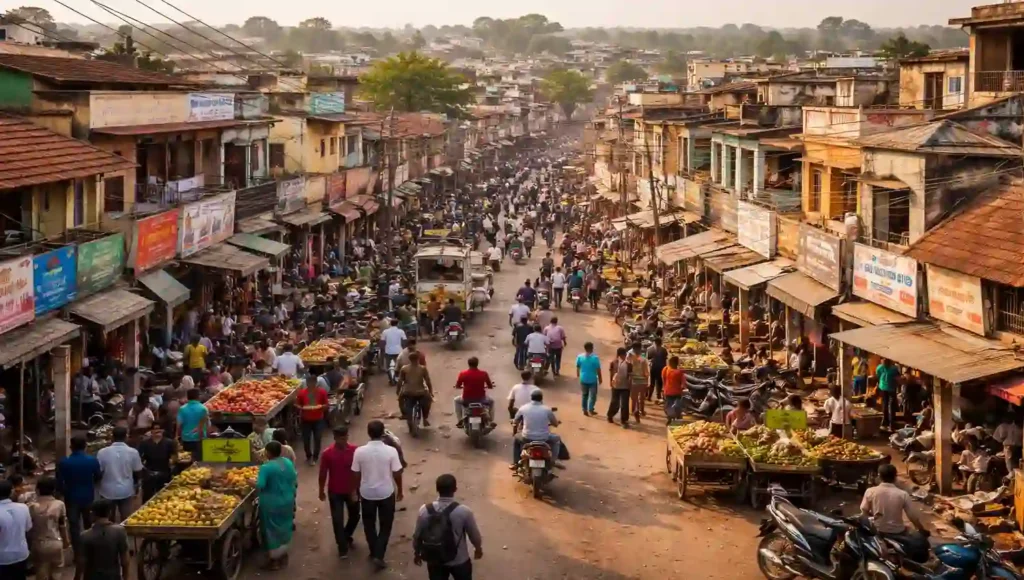 Small towns of India growing faster than cities. A crowded street of a town.